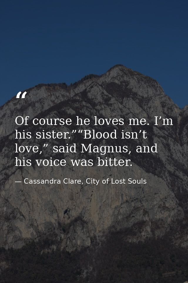 Of course he loves me. I’m his sister.”“Blood isn’t love,” said Magnus, and his voice was bitter. — Cassandra Clare, City of Lost Souls