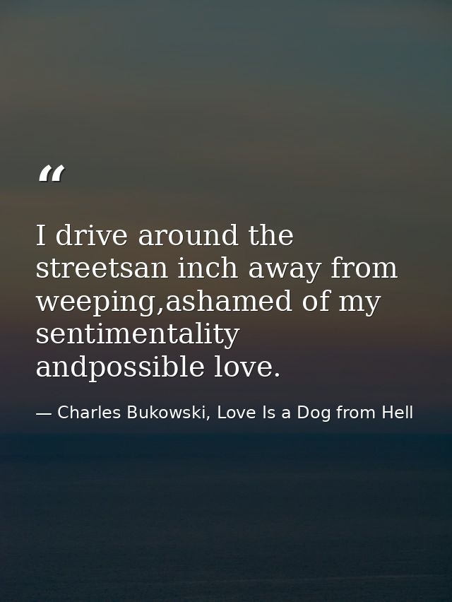 I drive around the streetsan inch away from weeping,ashamed of my sentimentality andpossible love. — Charles Bukowski, Love Is a Dog from Hell