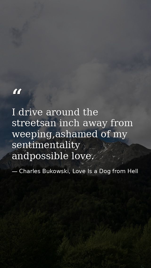 I drive around the streetsan inch away from weeping,ashamed of my sentimentality andpossible love. — Charles Bukowski, Love Is a Dog from Hell