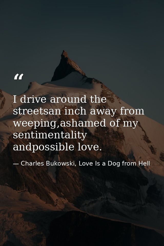I drive around the streetsan inch away from weeping,ashamed of my sentimentality andpossible love. — Charles Bukowski, Love Is a Dog from Hell