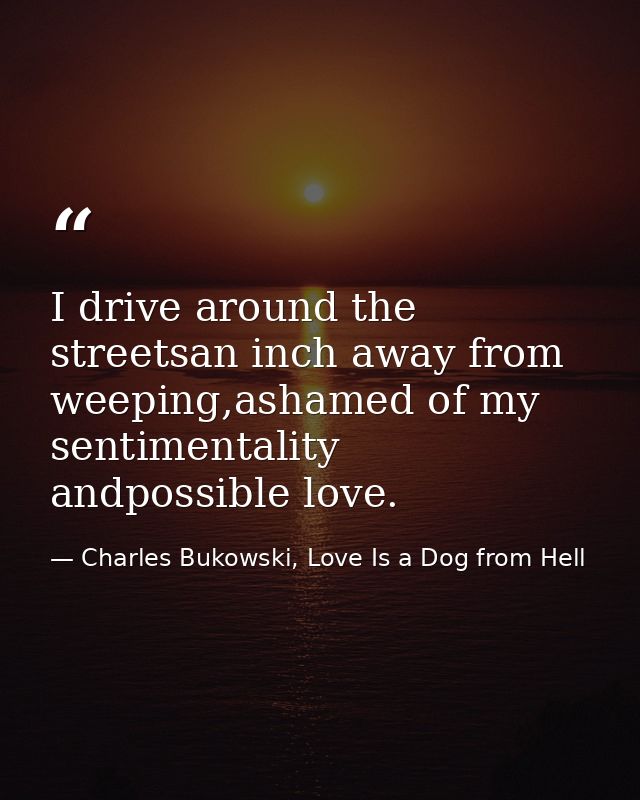 I drive around the streetsan inch away from weeping,ashamed of my sentimentality andpossible love. — Charles Bukowski, Love Is a Dog from Hell