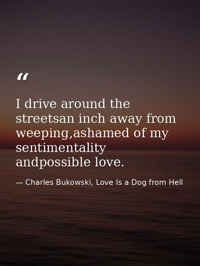 I drive around the streetsan inch away from weeping,ashamed of my sentimentality andpossible love. — Charles Bukowski, Love Is a Dog from Hell
