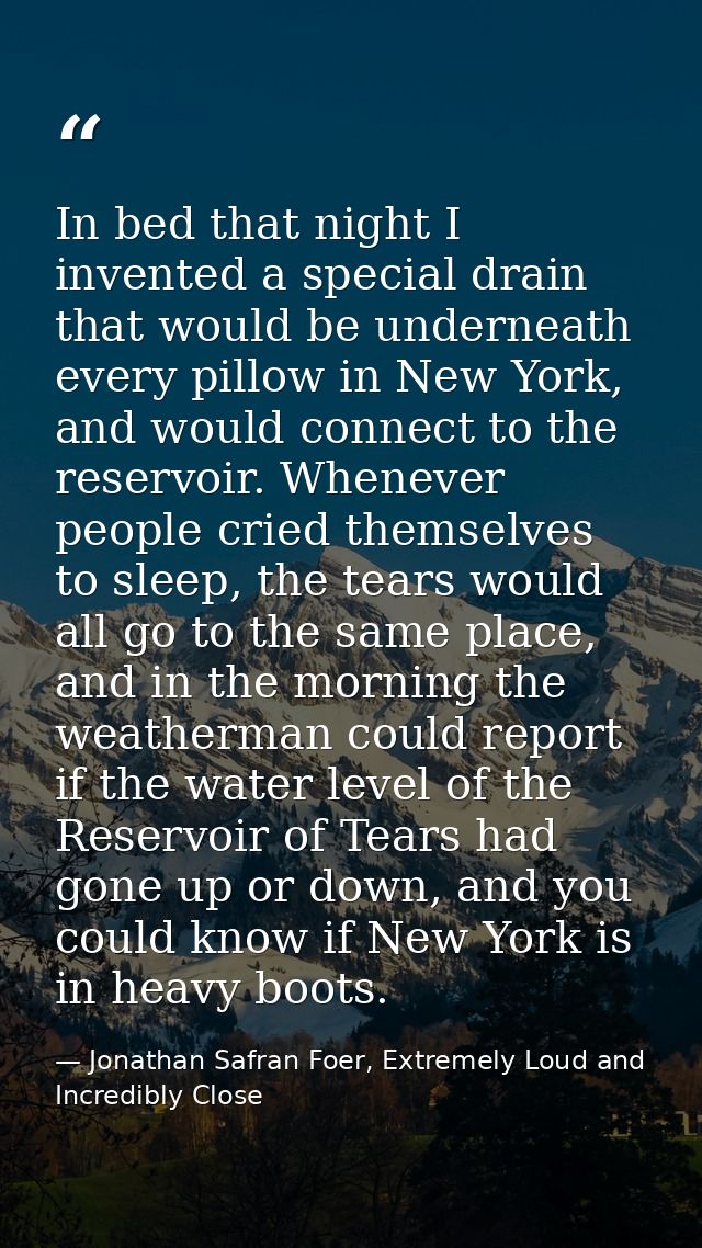 In bed that night I invented a special drain that would be underneath every pillow in New York, and would connect to the — Jonathan Safran Foer, Extremely Loud and Incredibly Close