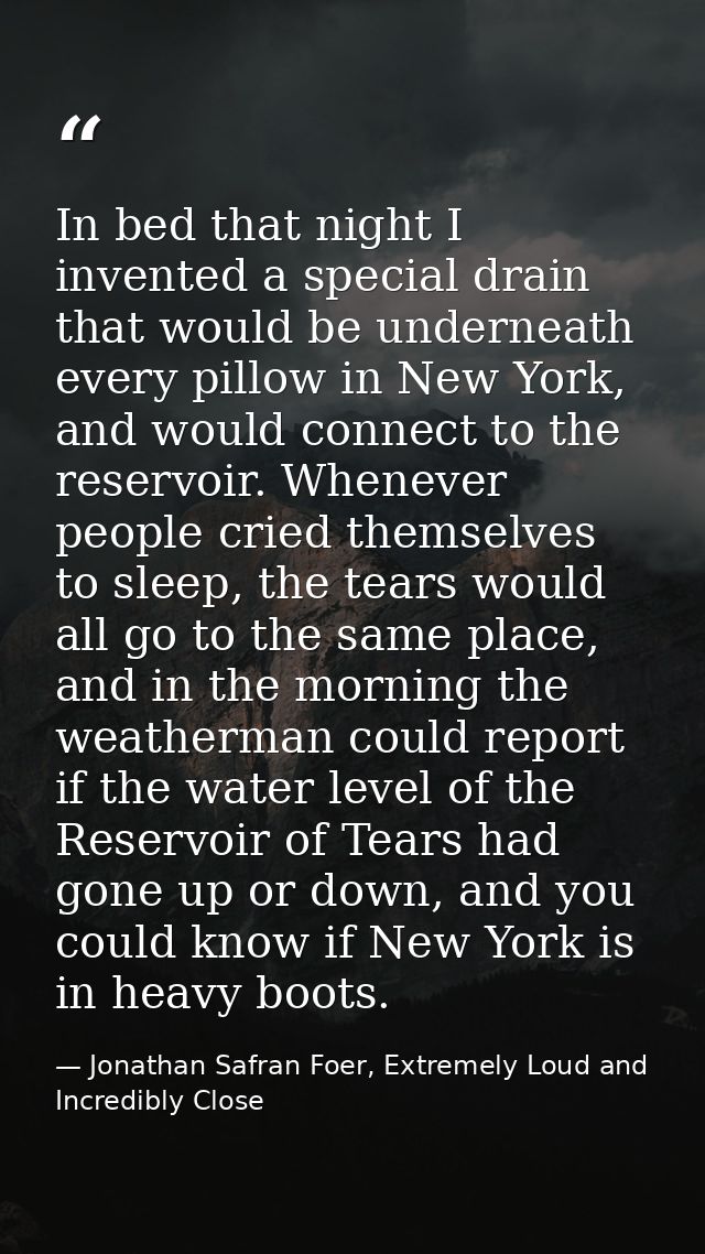 In bed that night I invented a special drain that would be underneath every pillow in New York, and would connect to the — Jonathan Safran Foer, Extremely Loud and Incredibly Close