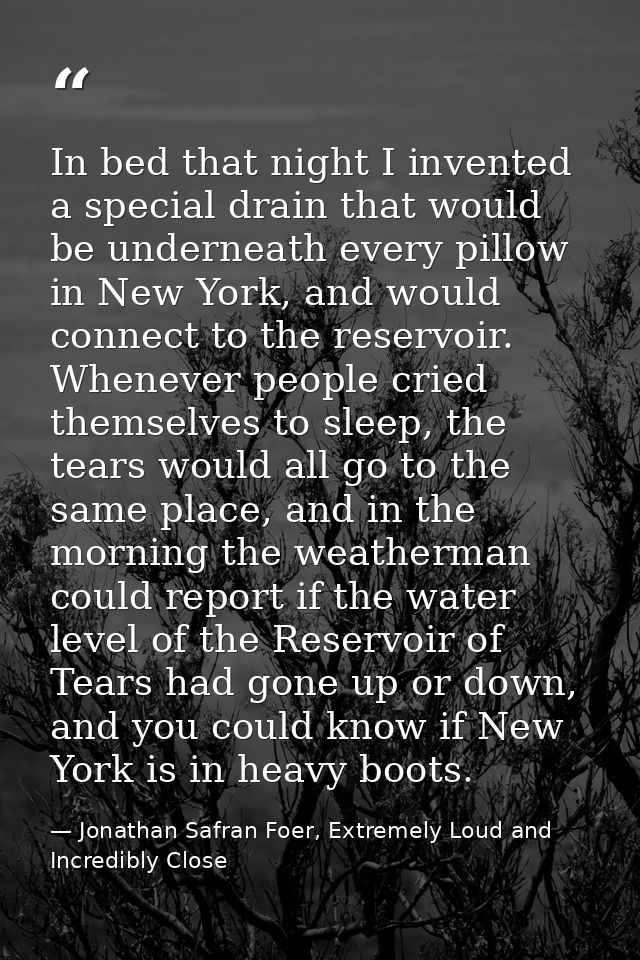 In bed that night I invented a special drain that would be underneath every pillow in New York, and would connect to the — Jonathan Safran Foer, Extremely Loud and Incredibly Close