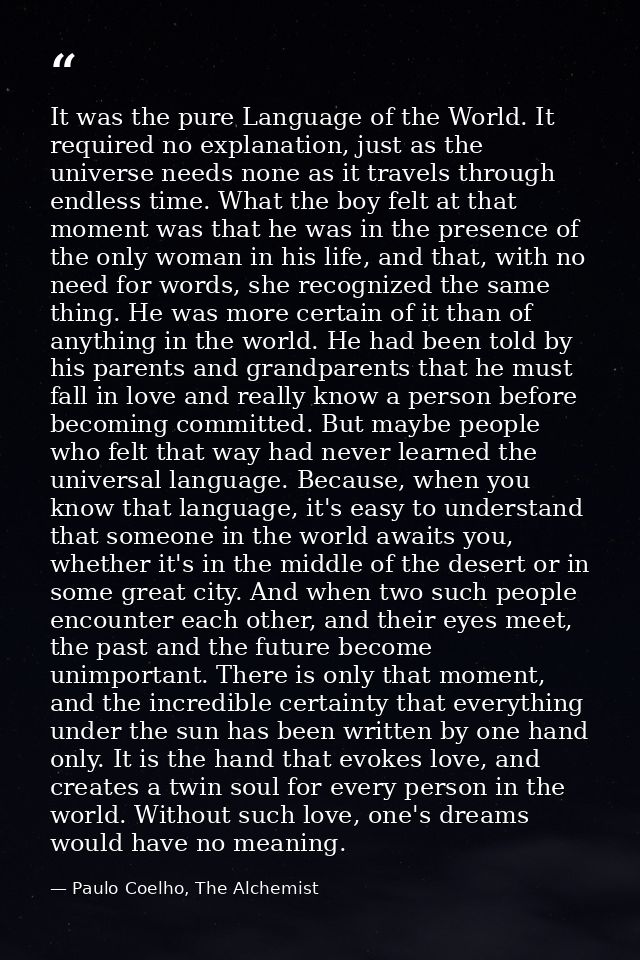 It was the pure Language of the World. It required no explanation, just as the universe needs none as it travels through — Paulo Coelho, The Alchemist