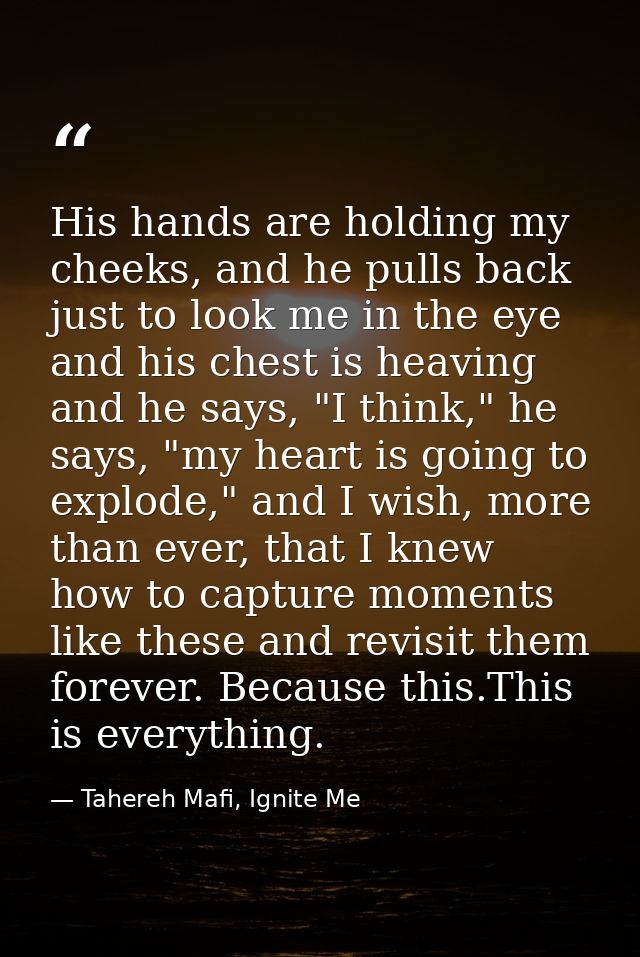 His hands are holding my cheeks, and he pulls back just to look me in the eye and his chest is heaving and he says, "I t — Tahereh Mafi, Ignite Me