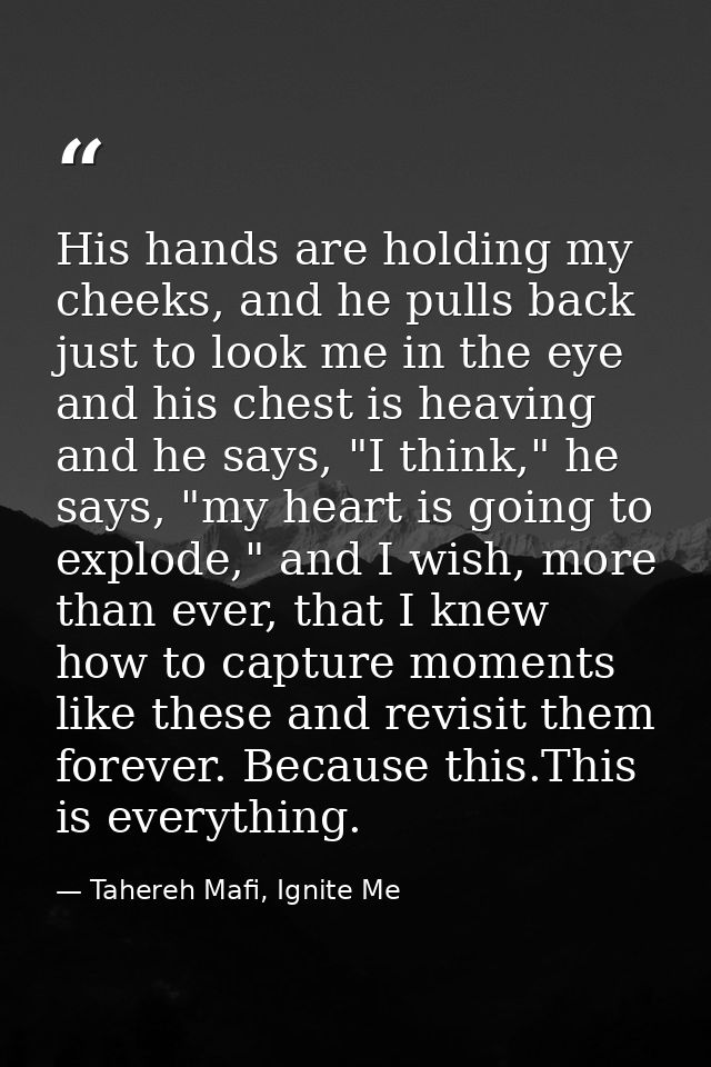 His hands are holding my cheeks, and he pulls back just to look me in the eye and his chest is heaving and he says, "I t — Tahereh Mafi, Ignite Me