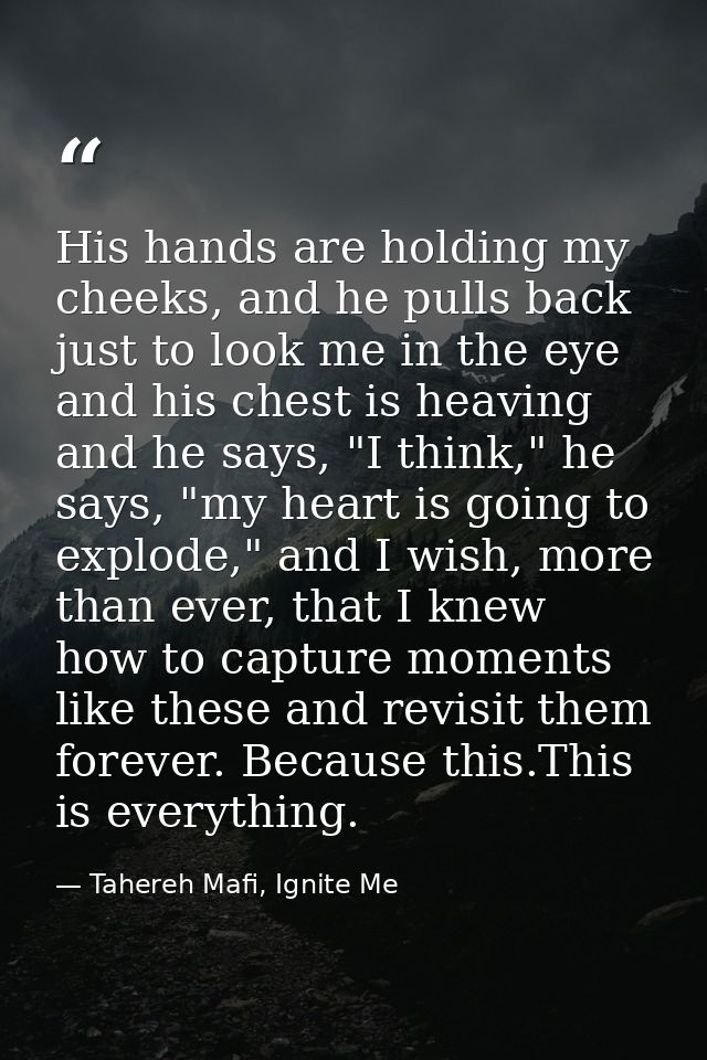 His hands are holding my cheeks, and he pulls back just to look me in the eye and his chest is heaving and he says, "I t — Tahereh Mafi, Ignite Me