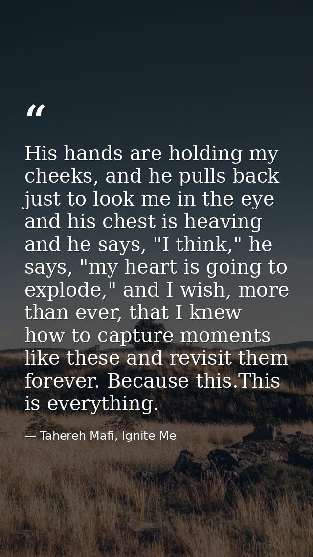 His hands are holding my cheeks, and he pulls back just to look me in the eye and his chest is heaving and he says, "I t — Tahereh Mafi, Ignite Me