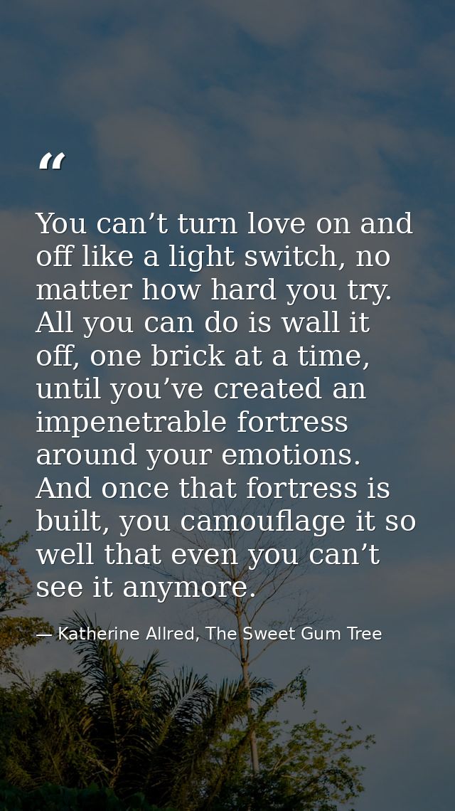 You can’t turn love on and off like a light switch, no matter how hard you try. All you can do is wall it off, one brick — Katherine Allred, The Sweet Gum Tree