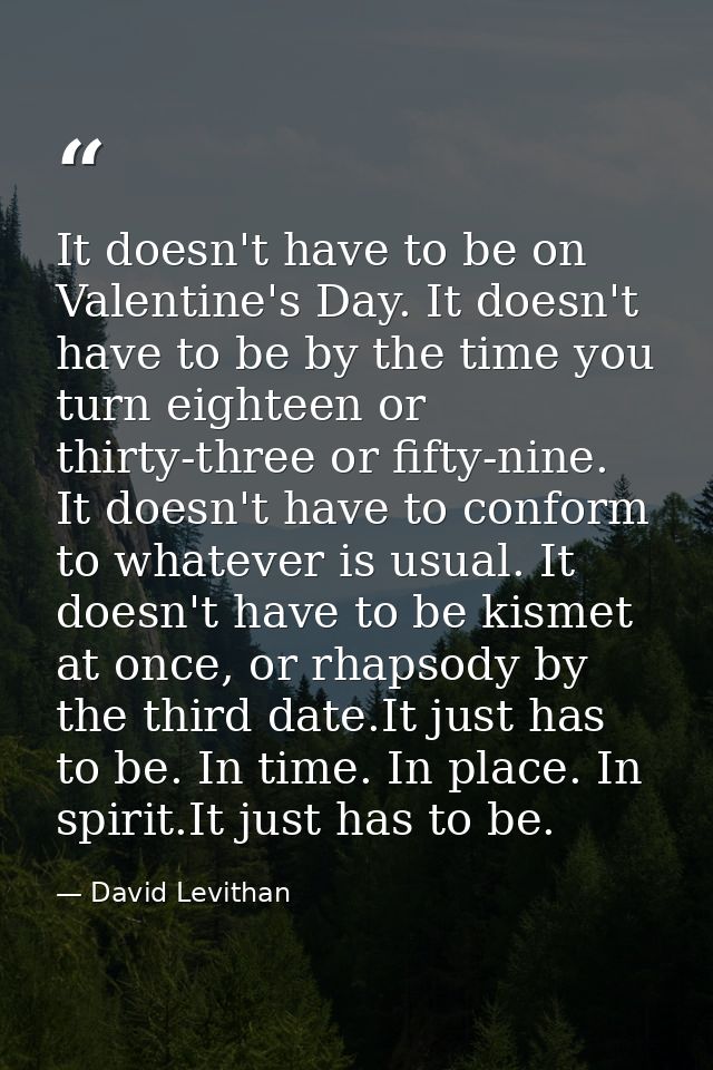 It doesn't have to be on Valentine's Day. It doesn't have to be by the time you turn eighteen or thirty-three or fifty-n — David Levithan