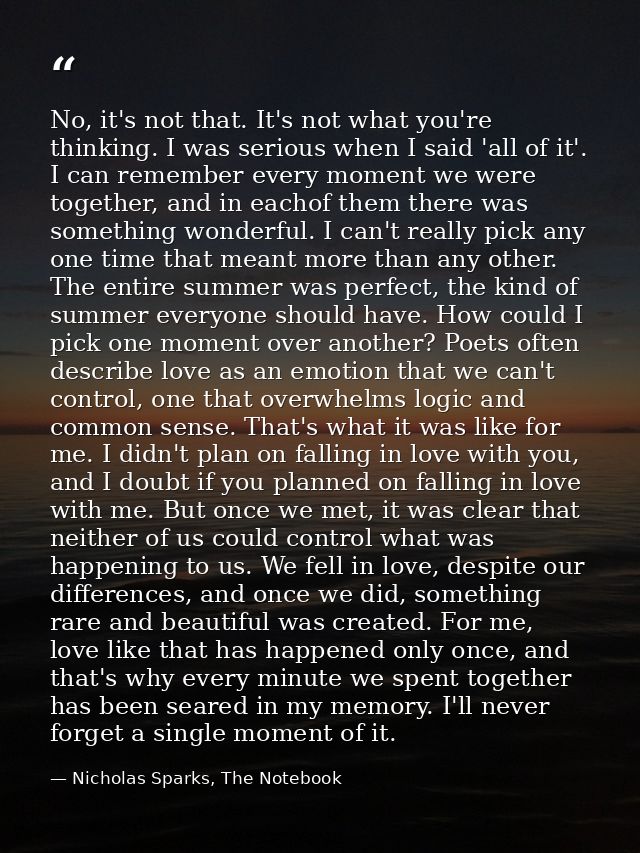 No, it's not that. It's not what you're thinking. I was serious when I said 'all of it'. I can remember every moment we  — Nicholas Sparks, The Notebook