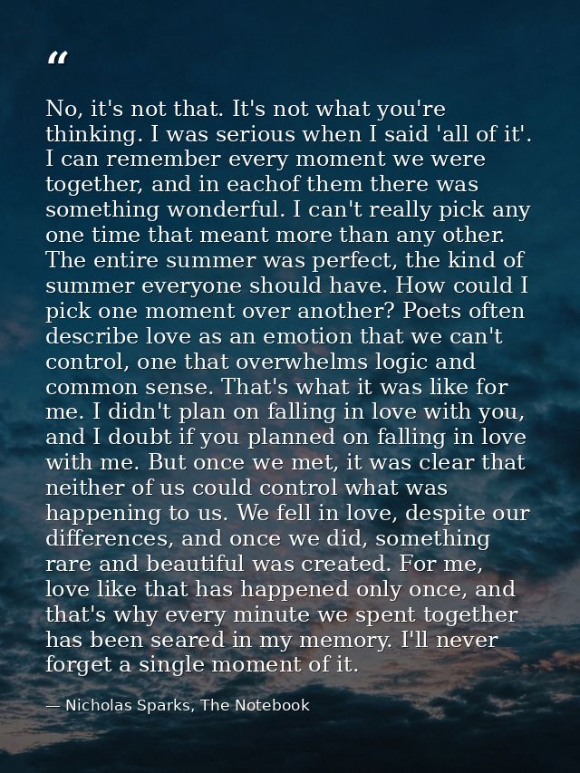 No, it's not that. It's not what you're thinking. I was serious when I said 'all of it'. I can remember every moment we  — Nicholas Sparks, The Notebook