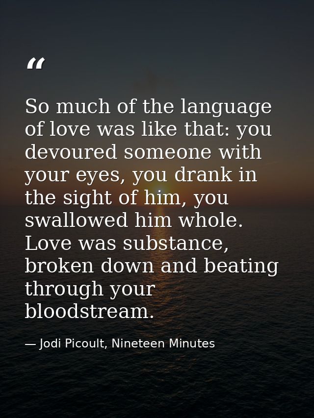 So much of the language of love was like that: you devoured someone with your eyes, you drank in the sight of him, you s — Jodi Picoult, Nineteen Minutes