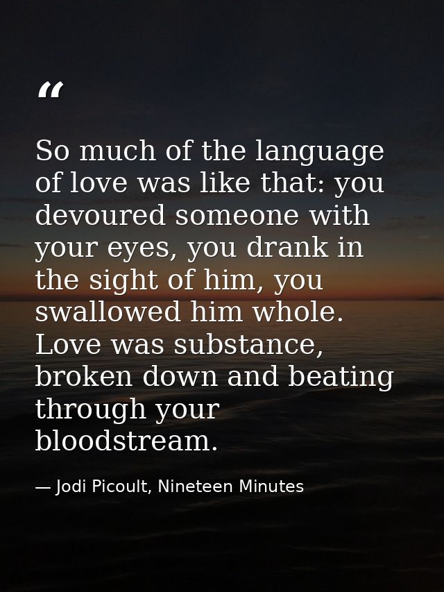 So much of the language of love was like that: you devoured someone with your eyes, you drank in the sight of him, you s — Jodi Picoult, Nineteen Minutes