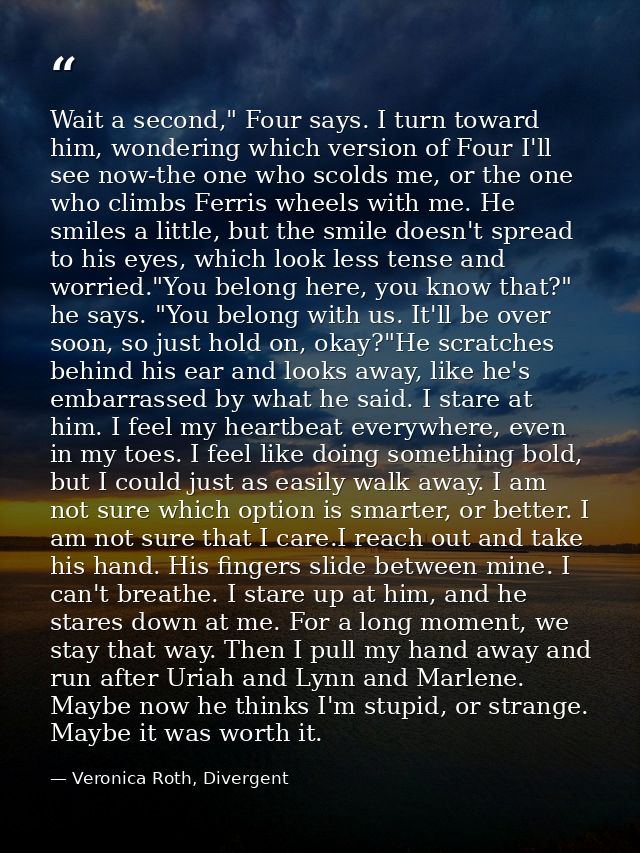 Wait a second," Four says. I turn toward him, wondering which version of Four I'll see now-the one who scolds me, or the — Veronica Roth, Divergent