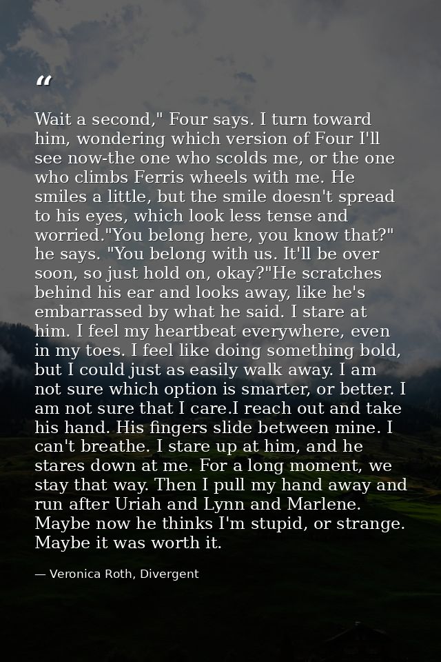 Wait a second," Four says. I turn toward him, wondering which version of Four I'll see now-the one who scolds me, or the — Veronica Roth, Divergent