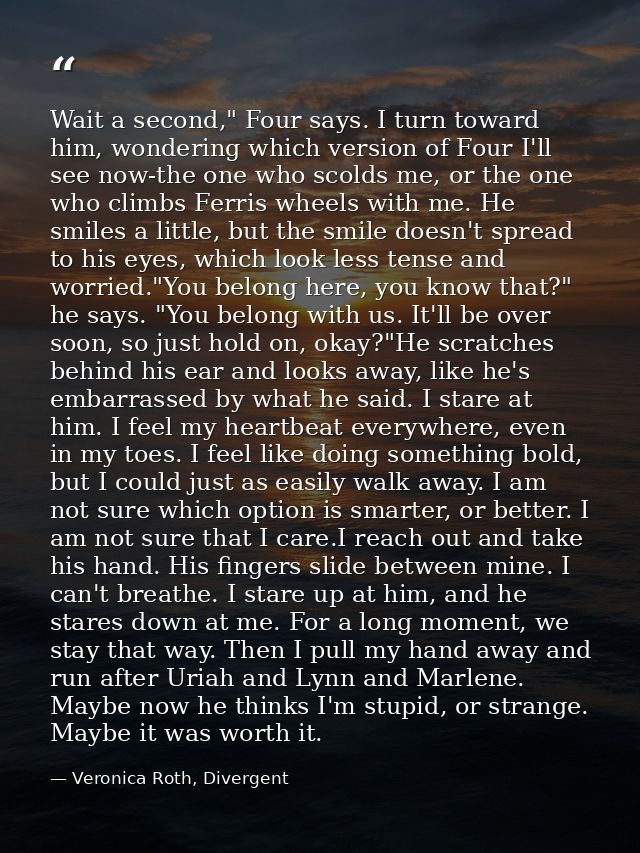 Wait a second," Four says. I turn toward him, wondering which version of Four I'll see now-the one who scolds me, or the — Veronica Roth, Divergent