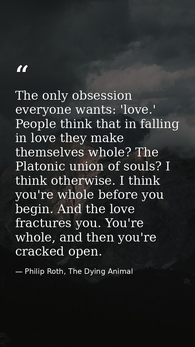The only obsession everyone wants: 'love.' People think that in falling in love they make themselves whole? The Platonic — Philip Roth, The Dying Animal