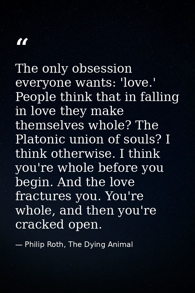 The only obsession everyone wants: 'love.' People think that in falling in love they make themselves whole? The Platonic — Philip Roth, The Dying Animal