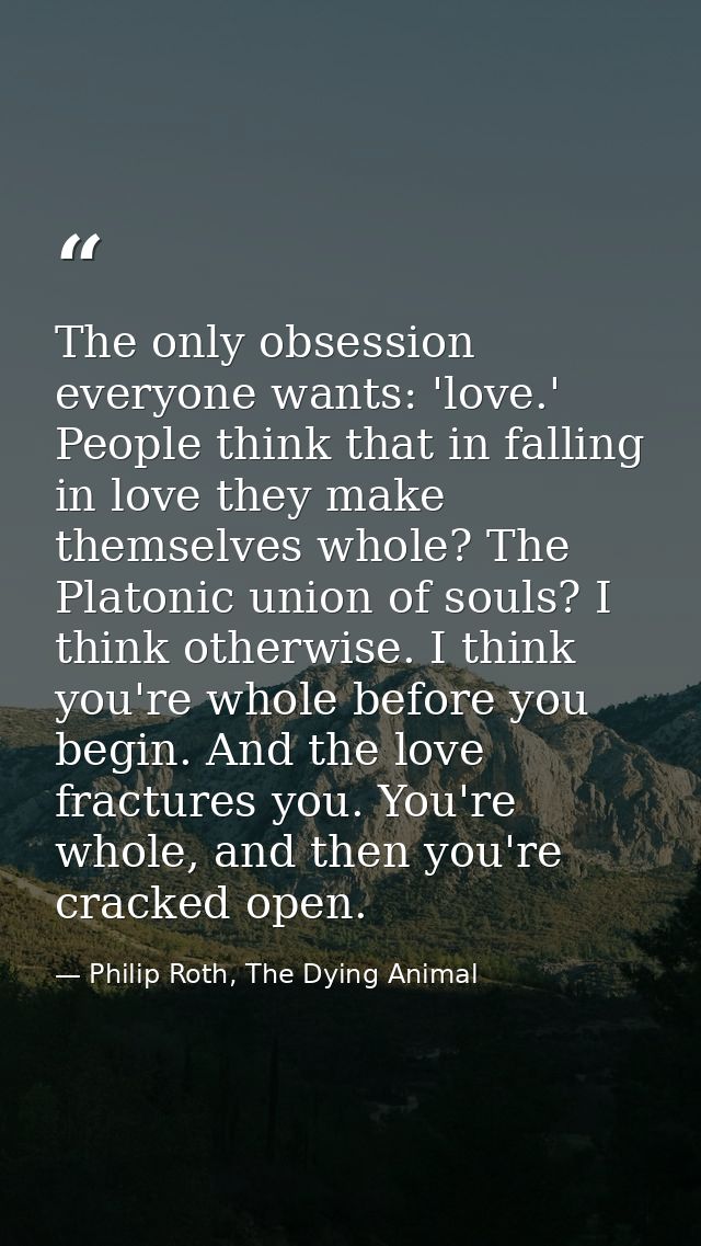 The only obsession everyone wants: 'love.' People think that in falling in love they make themselves whole? The Platonic — Philip Roth, The Dying Animal