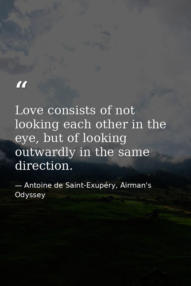 Love consists of not looking each other in the eye, but of looking outwardly in the same direction. — Antoine de Saint-Exupéry, Airman's Odyssey