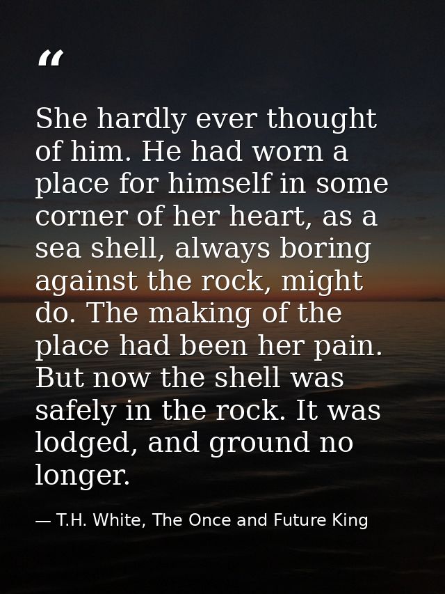 She hardly ever thought of him. He had worn a place for himself in some corner of her heart, as a sea shell, always bori — T.H. White, The Once and Future King