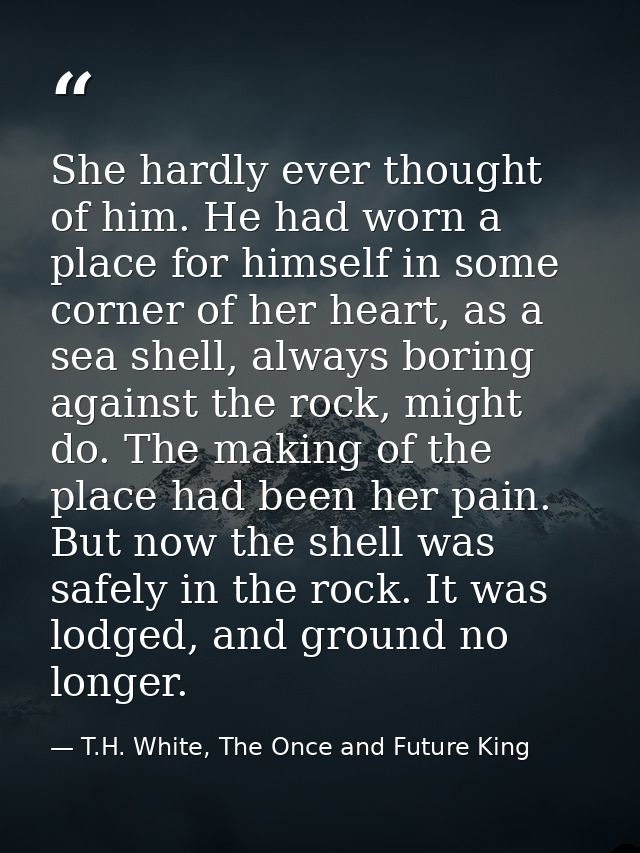 She hardly ever thought of him. He had worn a place for himself in some corner of her heart, as a sea shell, always bori — T.H. White, The Once and Future King