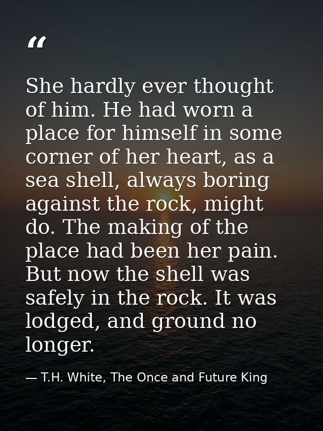 She hardly ever thought of him. He had worn a place for himself in some corner of her heart, as a sea shell, always bori — T.H. White, The Once and Future King