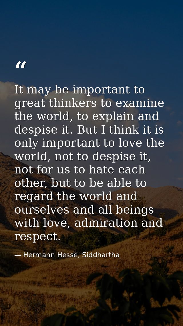 It may be important to great thinkers to examine the world, to explain and despise it. But I think it is only important  — Hermann Hesse, Siddhartha