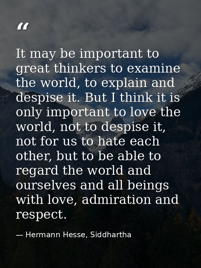 It may be important to great thinkers to examine the world, to explain and despise it. But I think it is only important  — Hermann Hesse, Siddhartha