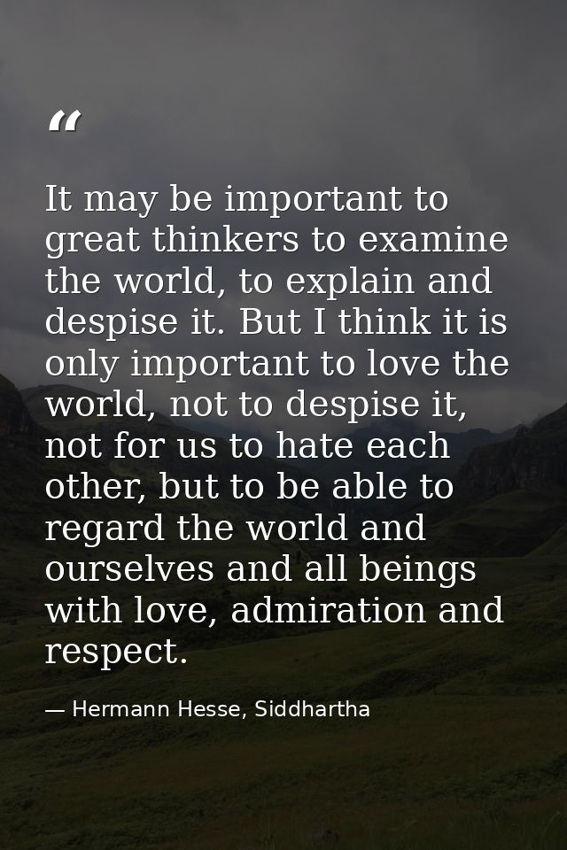 It may be important to great thinkers to examine the world, to explain and despise it. But I think it is only important  — Hermann Hesse, Siddhartha