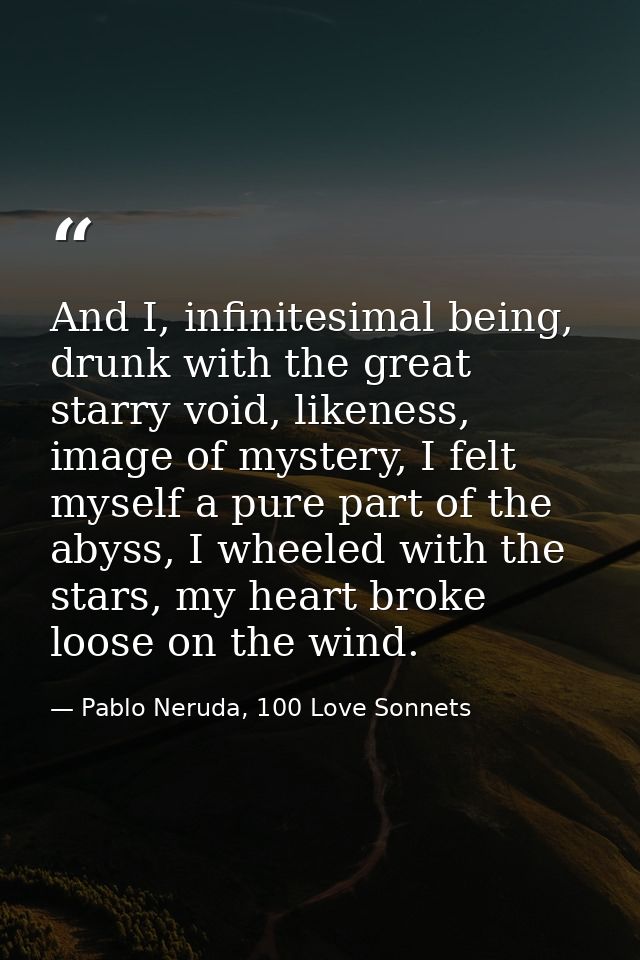And I, infinitesima­l being, drunk with the great starry void, likeness, image of mystery, I felt myself a pure part of  — Pablo Neruda, 100 Love Sonnets