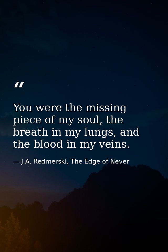 You were the missing piece of my soul, the breath in my lungs, and the blood in my veins. — J.A. Redmerski, The Edge of Never