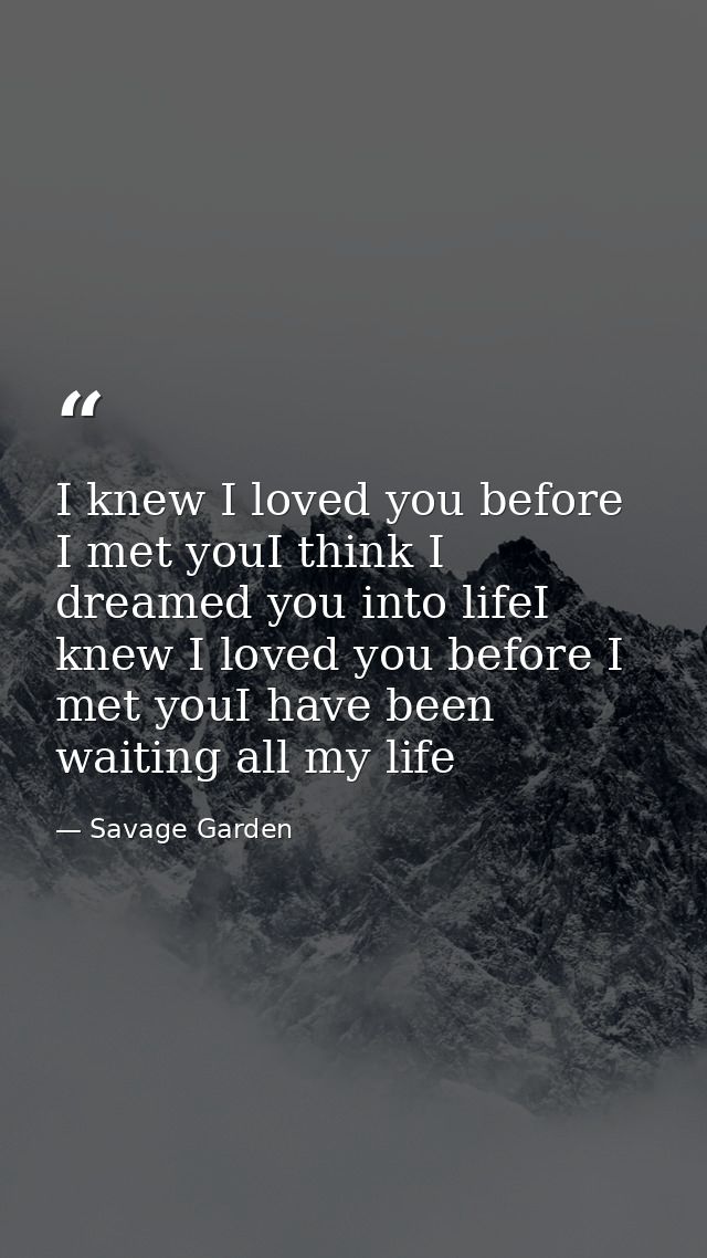 I knew I loved you before I met youI think I dreamed you into lifeI knew I loved you before I met youI have been waiting — Savage Garden