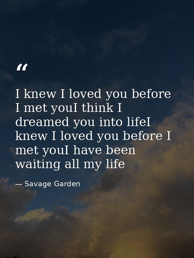 I knew I loved you before I met youI think I dreamed you into lifeI knew I loved you before I met youI have been waiting — Savage Garden