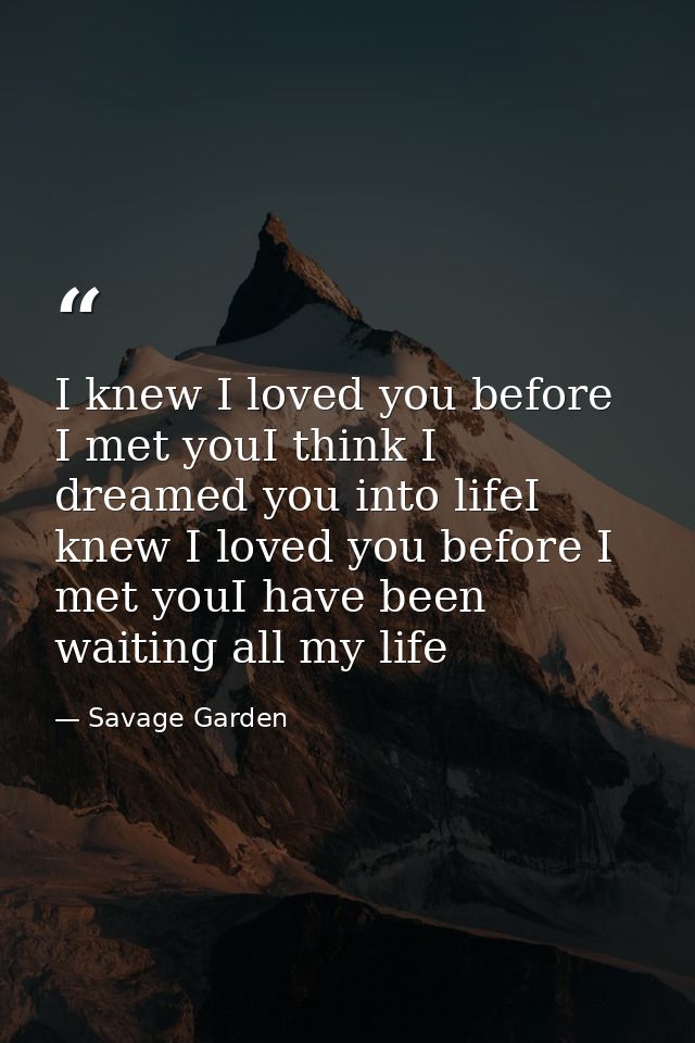 I knew I loved you before I met youI think I dreamed you into lifeI knew I loved you before I met youI have been waiting — Savage Garden