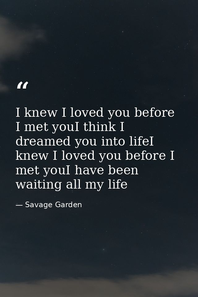 I knew I loved you before I met youI think I dreamed you into lifeI knew I loved you before I met youI have been waiting — Savage Garden