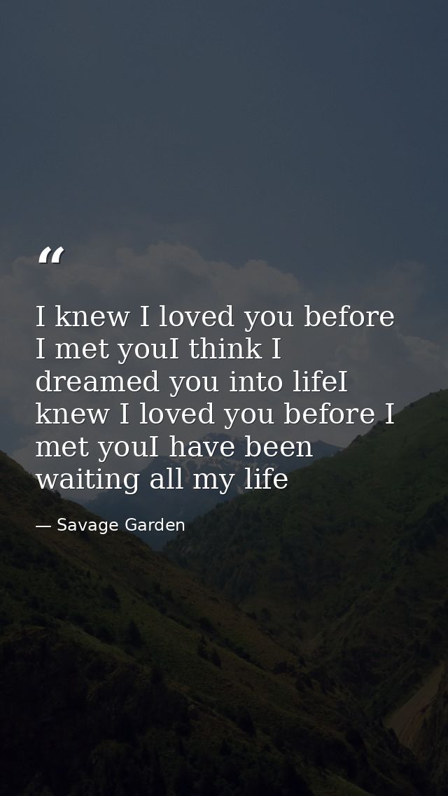 I knew I loved you before I met youI think I dreamed you into lifeI knew I loved you before I met youI have been waiting — Savage Garden