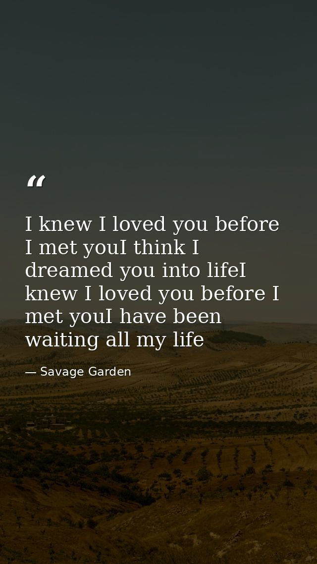 I knew I loved you before I met youI think I dreamed you into lifeI knew I loved you before I met youI have been waiting — Savage Garden