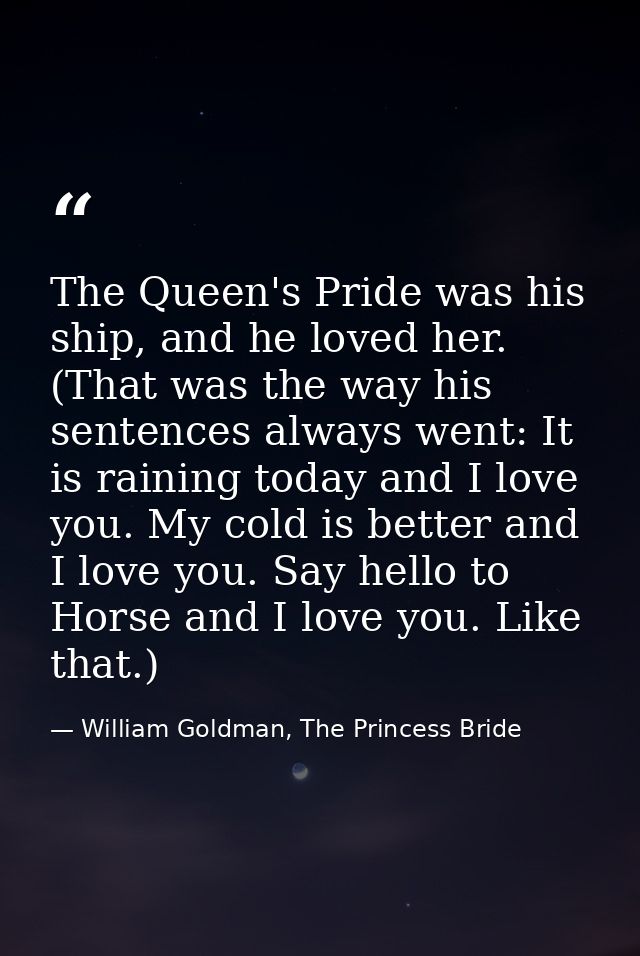The Queen's Pride was his ship, and he loved her. (That was the way his sentences always went: It is raining today and I — William Goldman, The Princess Bride