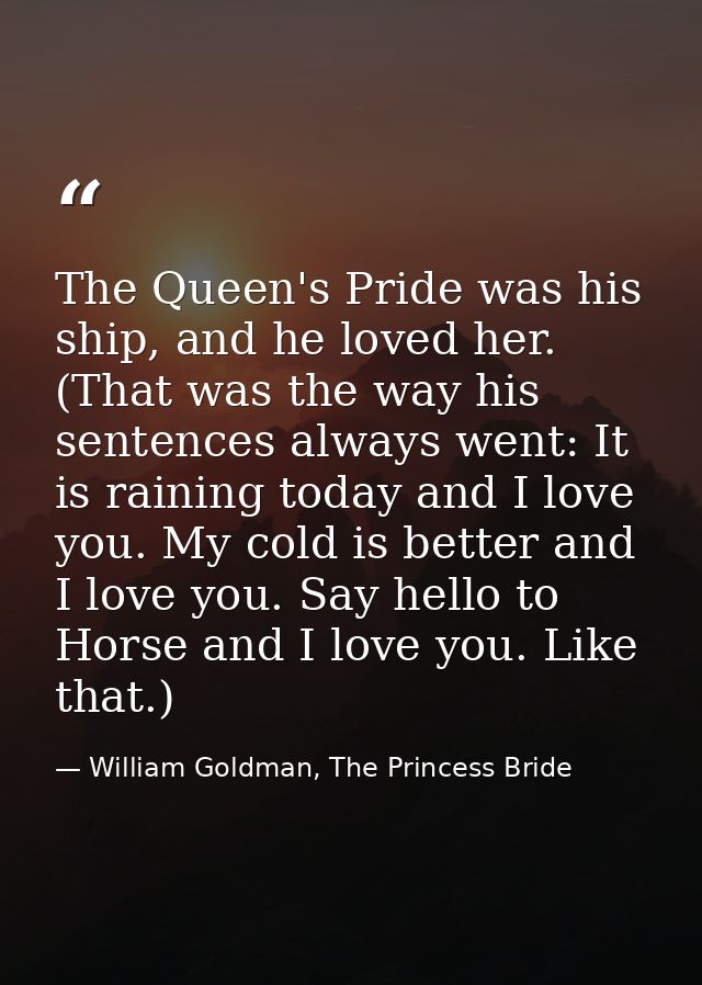 The Queen's Pride was his ship, and he loved her. (That was the way his sentences always went: It is raining today and I — William Goldman, The Princess Bride