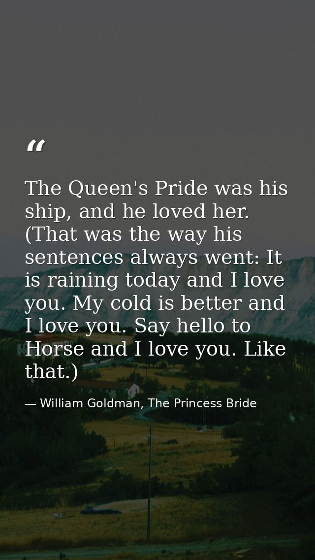 The Queen's Pride was his ship, and he loved her. (That was the way his sentences always went: It is raining today and I — William Goldman, The Princess Bride