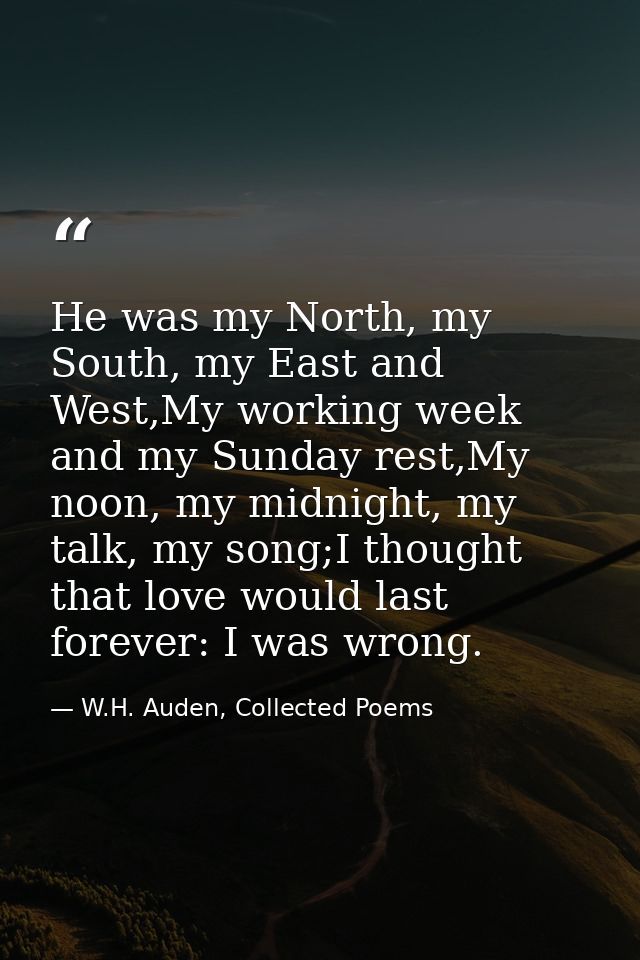 He was my North, my South, my East and West,My working week and my Sunday rest,My noon, my midnight, my talk, my song;I  — W.H. Auden, Collected Poems