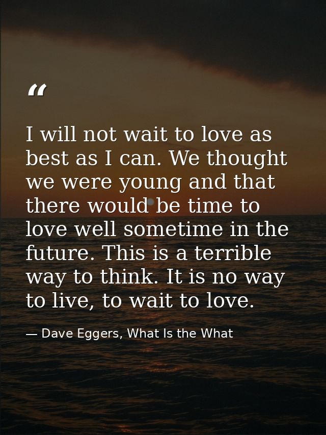 I will not wait to love as best as I can. We thought we were young and that there would be time to love well sometime in — Dave Eggers, What Is the What