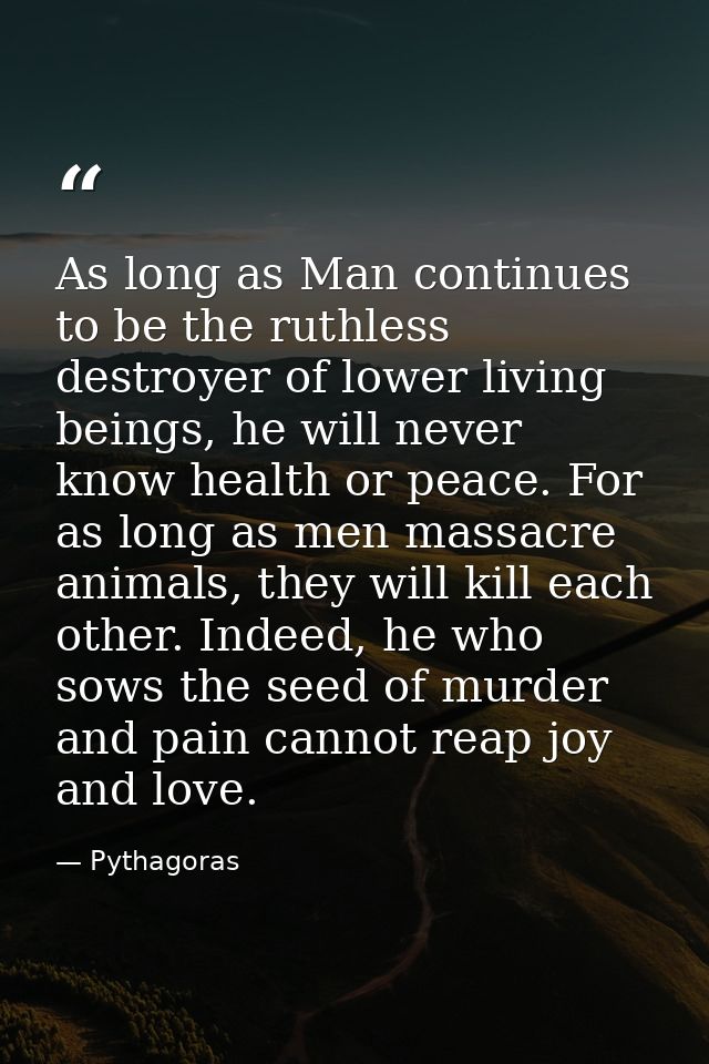 As long as Man continues to be the ruthless destroyer of lower living beings, he will never know health or peace. For as — Pythagoras