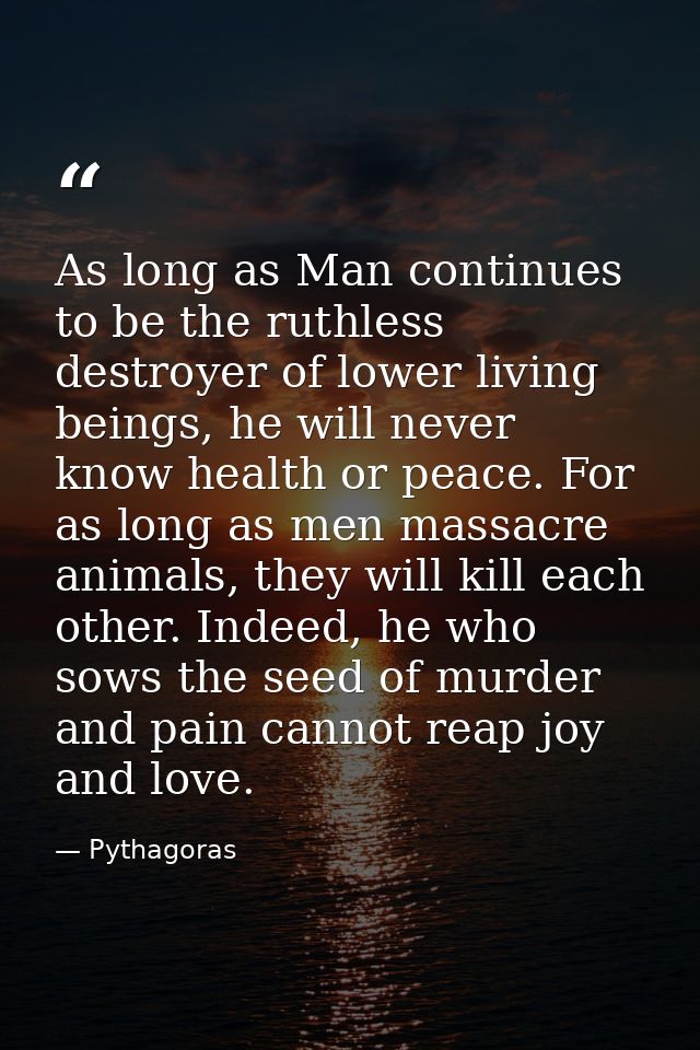 As long as Man continues to be the ruthless destroyer of lower living beings, he will never know health or peace. For as — Pythagoras
