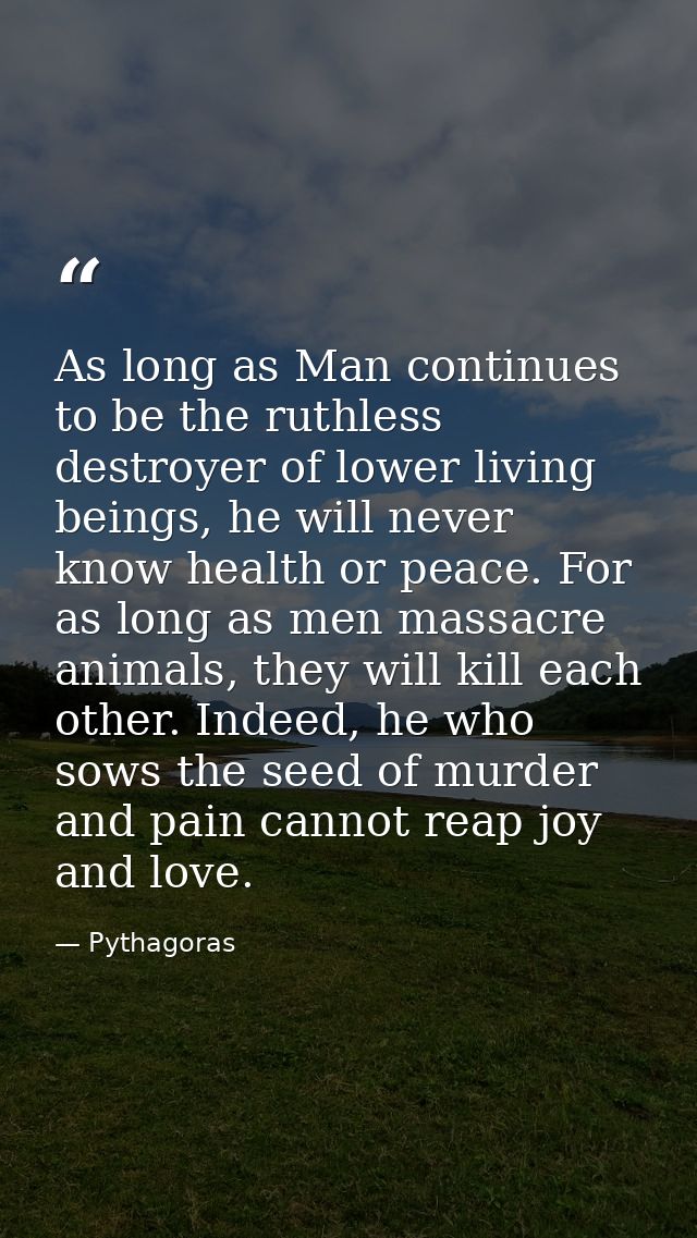 As long as Man continues to be the ruthless destroyer of lower living beings, he will never know health or peace. For as — Pythagoras