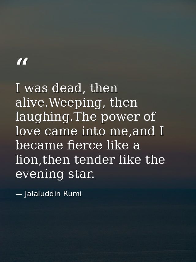 I was dead, then alive.Weeping, then laughing.The power of love came into me,and I became fierce like a lion,then tender — Jalaluddin Rumi